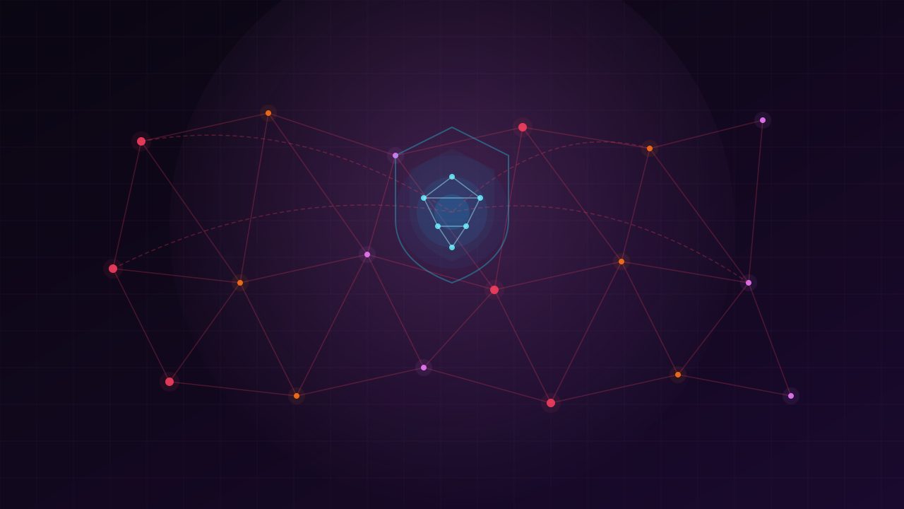 A neural network under attack from threat nodes, with a glowing shield defense in neon cyan and magenta
