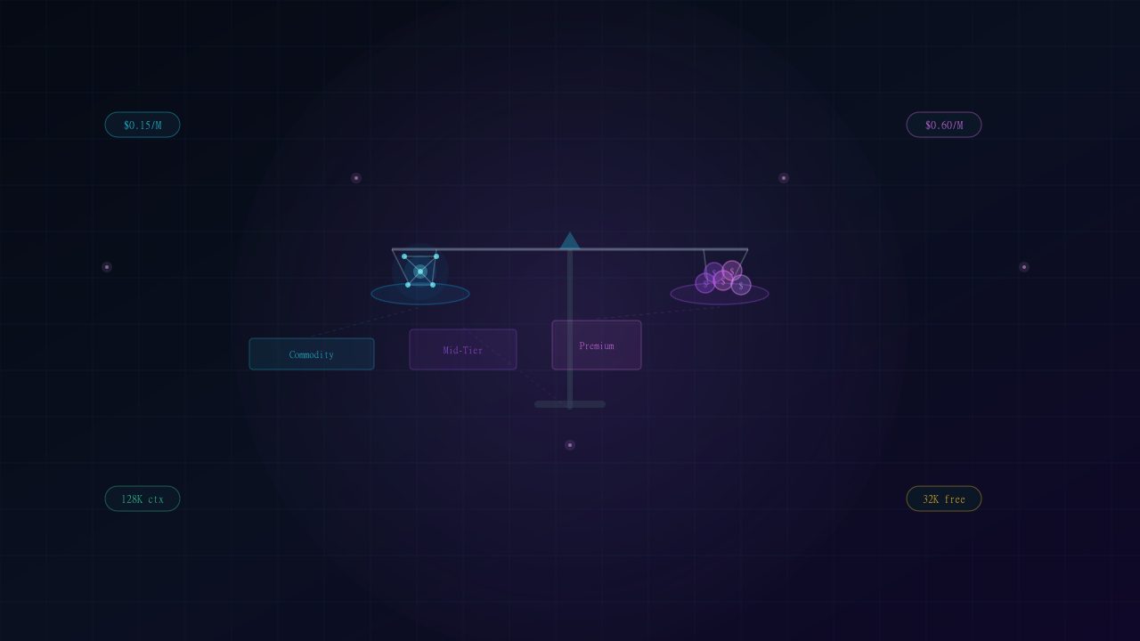 A balance scale weighing an AI brain against coins and price tags in a dark workspace with cyan and magenta glow
