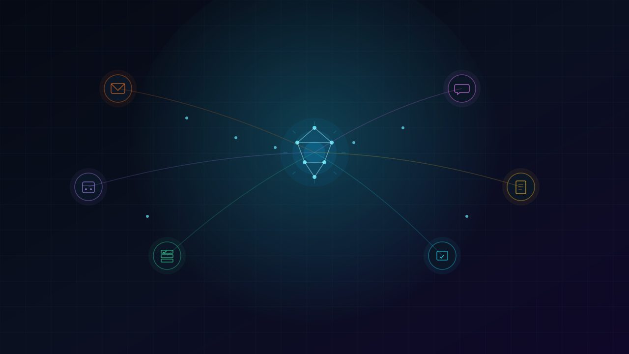 A network of interconnected AI automation agents managing email, calendar, tasks, and docs in a dark workspace with cyan and magenta glow