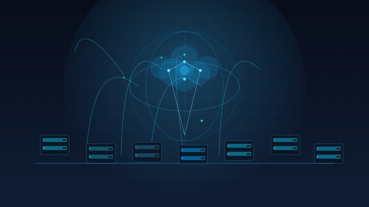 A global cloud network connecting data center server racks with glowing arcs and neon cyan nodes