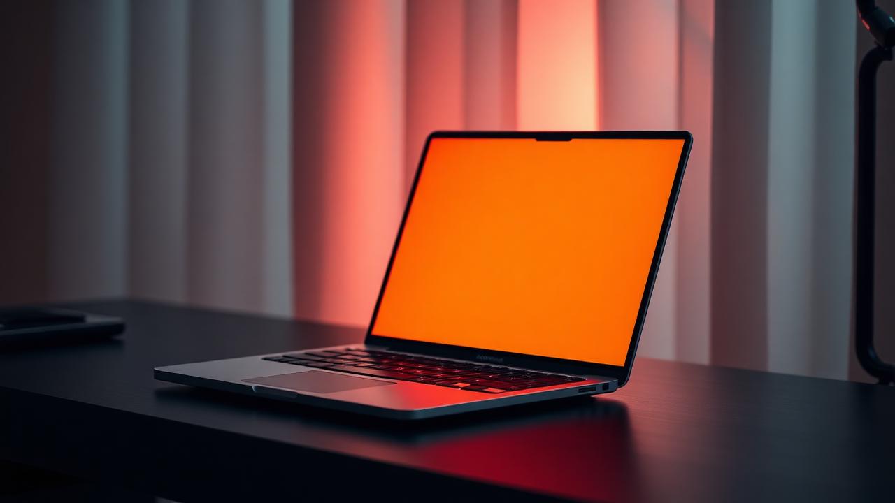 Modern laptop with code on screen, developer workspace, clean tech aesthetic