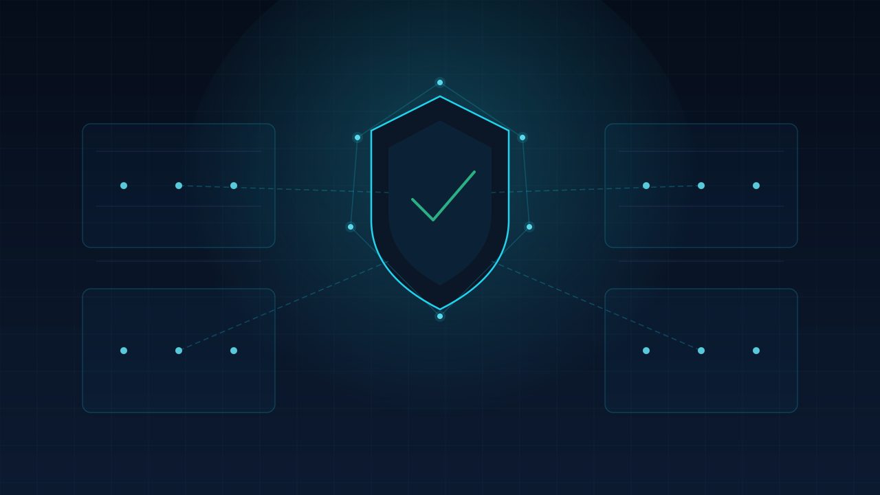 A glowing shield with a checkmark at the center of a segmented network, neon cyan and magenta on dark background